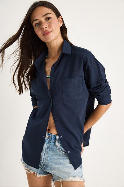 Bianco Lucci Women's Single Pocket Oversize Linen Shirt 25626 60284054