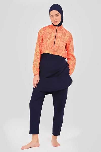 Bordomix 24300 Women's Black Orange Patterned Crop Look Hijab Swimsuit