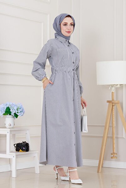 Sevitli Boydan Düğmeli Çizgili Elbise-Gri