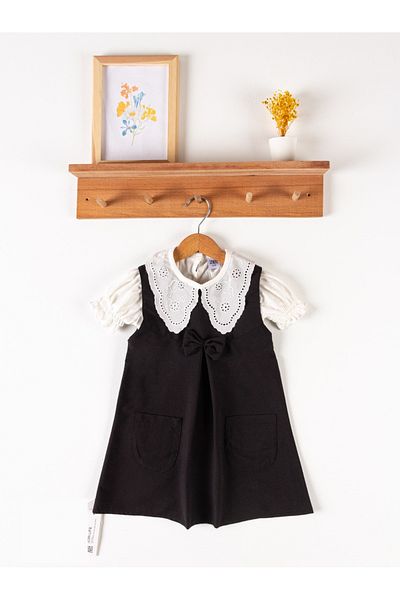 By Cwhr 100% Cotton Scallop Collar Bow Pocket Short Sleeve Summer Girl's Dress Girl's Eid Dress