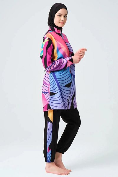 Bordomix 24263 Women's Purple Patterned Parachute Fabric Hijab Swimsuit