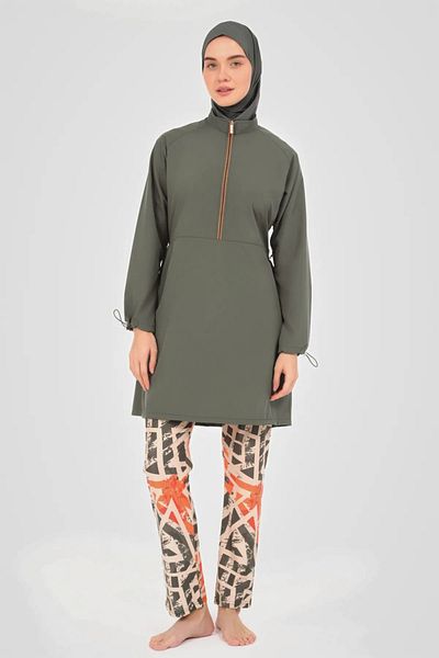 Bordomix 24302 Women's Khaki Adjustable Patterned Hijab Swimsuit