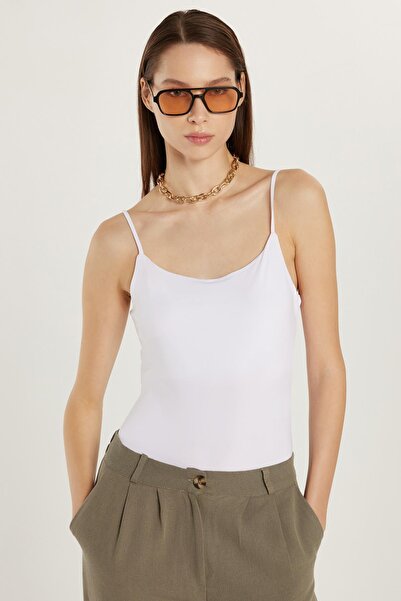 Tudors Women's Standard Fit Thin Strap White Bodysuit with Snap Fasteners