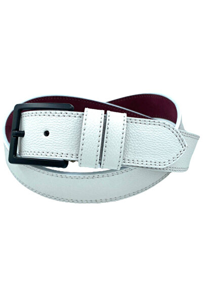 Süzer Deri Curea de sport albă din imitație din piele cu cusătură dublă, cu model, model 4 cm - 9016-11