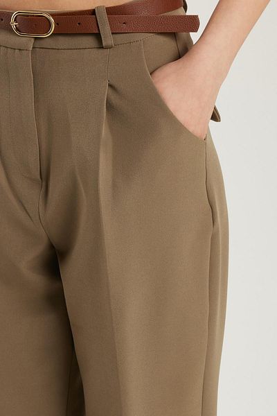 Tudors Women's Standard Fit Pleated Wide Leg Khaki Trousers