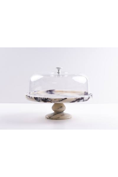 marbelix Elaria 29cm Mermer Kek Pasta Sunumluğu - Ayaklı Kek Pasta Standı - Plastik Fanus Dahil