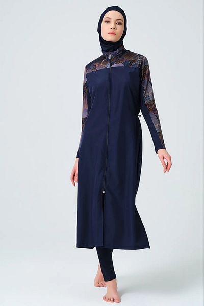 Bordomix 23512 Women's Navy Blue Zipper Detailed Long Hijab Swimsuit