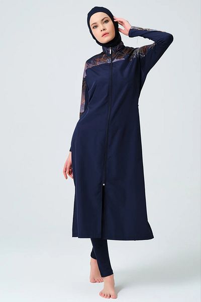 Bordomix 23512 Women's Navy Blue Zipper Detailed Long Hijab Swimsuit