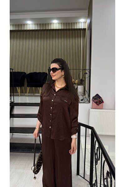 Butik Kahverengi saten taş işlemeli gömlek belis lastikli pantolon ikili takım