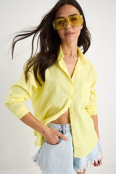 Bianco Lucci Women's Single Pocket Oversize Linen Shirt 25626 60284054