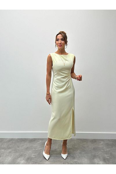 Maldia Shop Women's Waist Draped Slit Detail Padded Yellow Dress