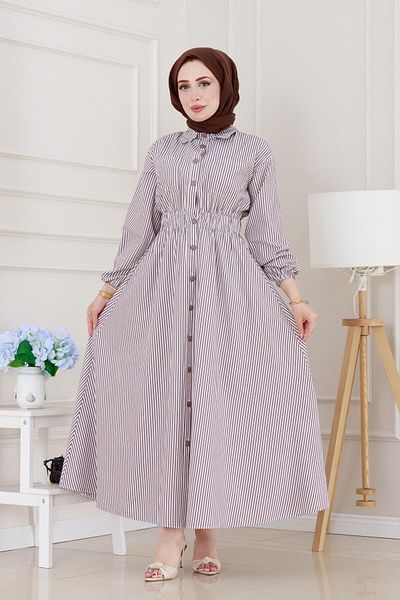 Sevitli Buttoned Striped Dress-Brown