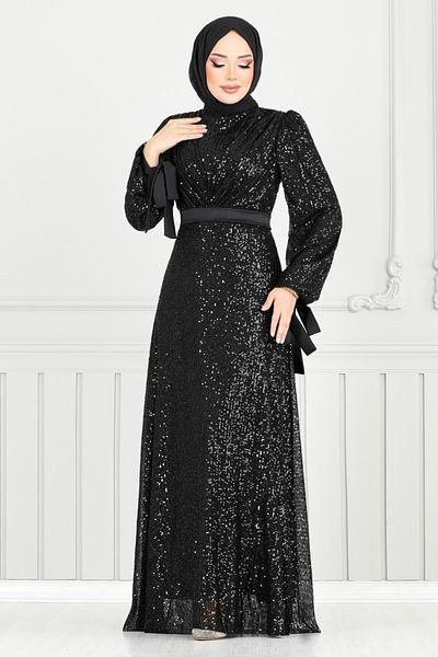 ModaMerve Βραδινό φόρεμα Hijab με μανσέτα με κορδόνια 5690END900-M Μαύρο