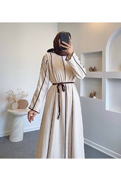 Esre Store 61495 - Λινό φόρεμα τεσεττούρ με ζώνη, καφέ χρώμα