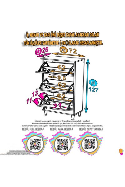 Modilayn VARBİ Kapı Önü 72 x 127 x 25, 5 cm lik 3 Düşer Kapak 6 Göz Raf Bölmeli Ayakkabılık