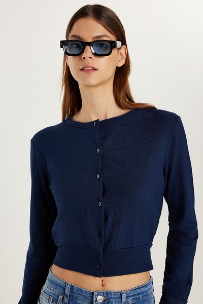 Tudors Women's Regular Fit Classic Cut Buttoned Navy Blue Cardigan