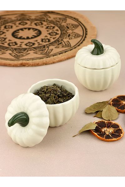 Sezka Life Ceramic Set of 2 White Pumpkin Sugar Bowl Presentation Set