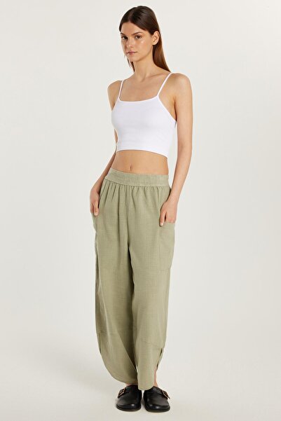 Tudors Kadın Relax Fit Rahat Kesim Beli Lastikli %100 Pamuk Bol Paça Haki Pantolon