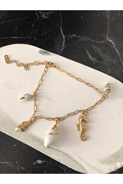 shop ÇELİK GOLD ZİNCİRLİ DENİZ KABUK DETAYLI PARLAK DENİZ ATI SÜSLÜ HALHAL