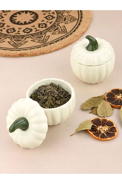 Sezka Life Ceramic Set of 2 White Pumpkin Sugar Bowl Presentation Set