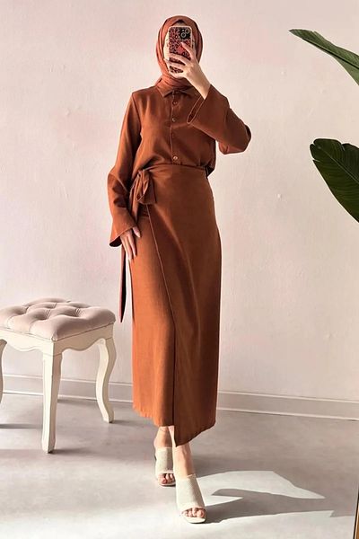 Tesettür Diyarı Γυναικεία Ρούχα Hijab Πλαϊνή Λεπτομέρεια Φούστα Πουκάμισο Σετ Melage Ύφασμα-Καφέ