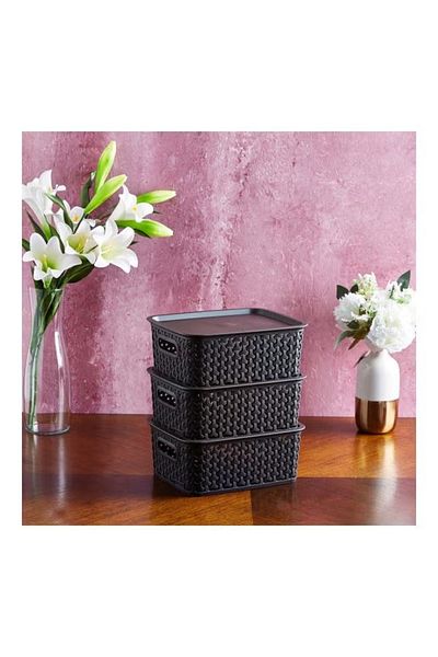 Home Box Pack Of 3 Spectra Basket With Lid Brown 25x10x20cm