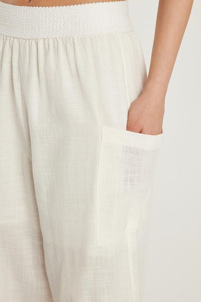 Tudors Women's Relax Fit Relaxed Cut Elastic Waist 100% Cotton Loose Wide Leg Ecru Trousers