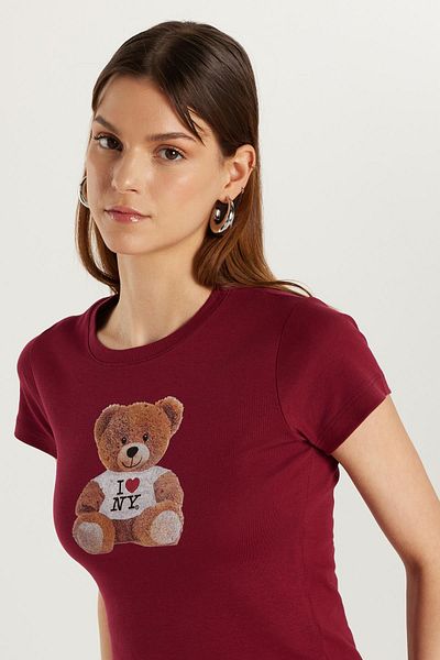 Tudors Women's Slim Fit Slim Fit Short Sleeve Crew Neck Printed Claret Red T-Shirt