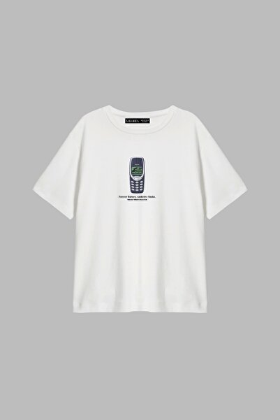 Bak Moda Forever Battery Štampano opuštena bijela ženska majica