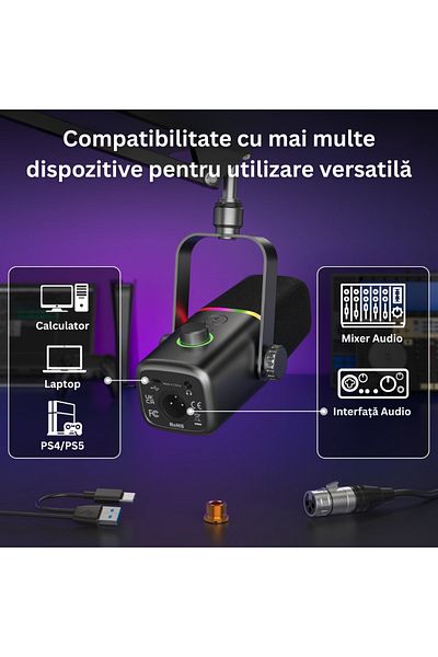 Velixo Kd8s Professional Microphone, Usb & Xlr, Cardioid, Noise Reduction, Mute, Rgb, Adjustable Arm