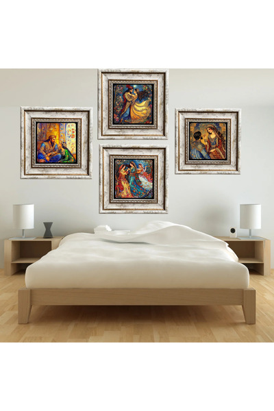 STONEVİVEART Pers Oryantalizmli 4 Adet Doğal Taş Duvar Tablosu 20x20 Cm Duvar Dekoru