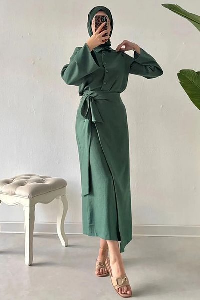 Tesettür Diyarı Women's Hijab Clothing Side Tie Detailed Skirt Shirt Suit Melaj Fabric-Emerald