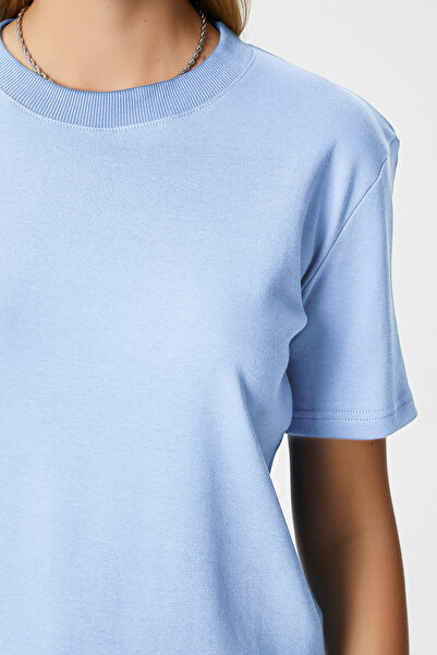 Ritnice Women's Rise Decorative Collar Tok Texture 100% Cotton Light Blue T-Shirt