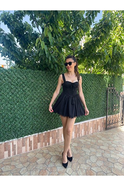 LAGÜN MODA Dantel ve Korse Detaylı Siyah Mini Elbise