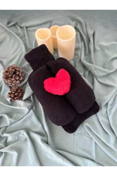 TREND COLOR Sıcak Su Torbası Siyah Renkli Kırmızı Kalpli Welsoft Kumaş Ayak Isıtıcı 2 LT Sıcak Su Torbası