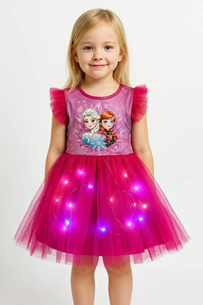 Beryka Fusya Tutu Dress with Elsa & Anna Figures with Led Lights – Lined Princess Model