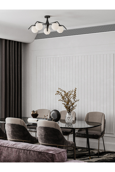 avizade Orlena Modern 5’li Küre Avize Siyah Metal Beyaz Cam Minimalist Aydınlatma