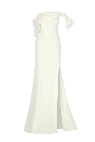 cercis Fiyonk Detaylı Omzu Açık Yırtmaçlı Uzun Elbise