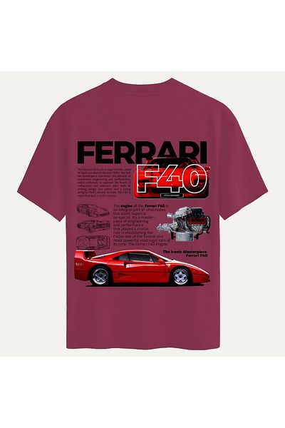 SOFTWAY Unisex Crew Neck 100% Organic Cotton Thick Textured Ferrari F40 Printed Oversize T-Shirt - Claret Red