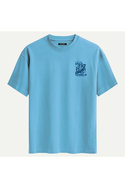 SOFTWAY Unisex Crew Neck 100% Organic Cotton Thick Textured Own World Printed Oversize T-Shirt - Blue