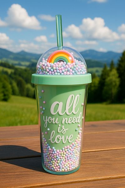 MİS KİTCHEN Glitter Sequin Glass Double Walled Glass with Straw Lid Water Bottle 450 ml Mica Glass