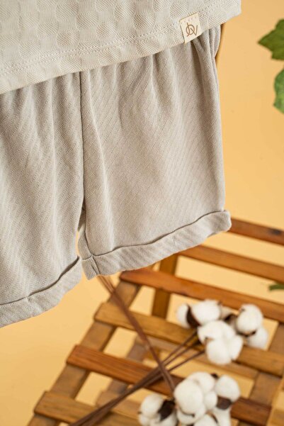 bombe Bebek Çocuk Kız Erkek Gri Pamuklu Şortlu 2'li Takım Trend Moda Alt Üst Takım