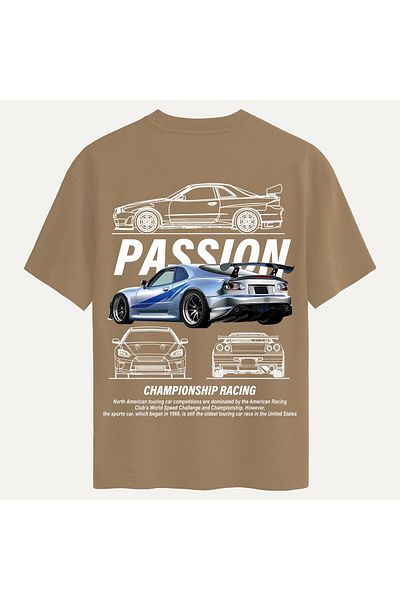 SOFTWAY Unisex Crew Neck 100% Organic Cotton Thick Textured Passion Printed Oversize T-Shirt - Light Brown