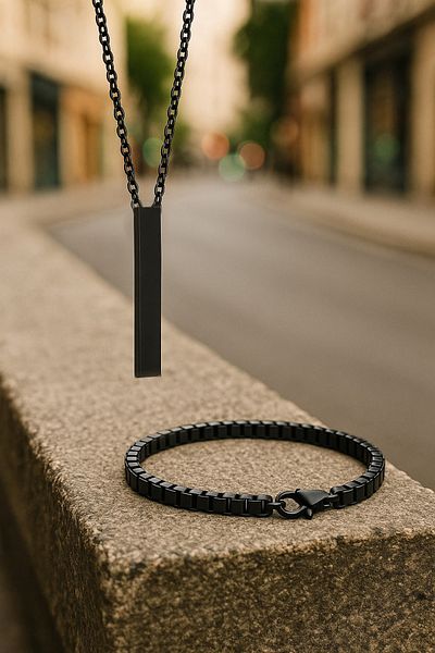 The Collection Murat Boz Necklace Men's Rectangular Black Necklace and Cube Bracelet Set