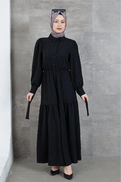 DAS KLEID Black Shirt Collar Belted Dress