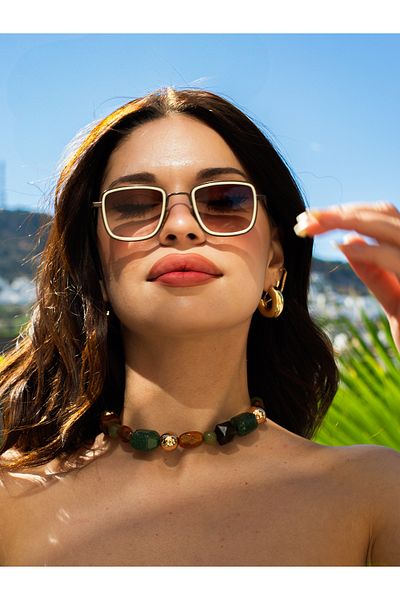 Angel Eyes Square Cream/Brown Frame - Green Glass Sunglasses High Quality