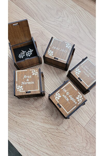 Satürn Silver Kuyumculuk Özel Yazılı Ahşap Kutu Hediye Kutusu Kol Düğmesi/Yaka İğnesi/Alyans Kutusu İstediğiniz Yazılır