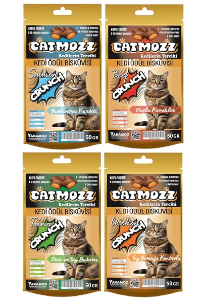 CatMozz Crunch Dışı Çıtır İçi Yumuşak Kedi Ödül Bisküvisi Karışık 4 Adet X 50 Gr