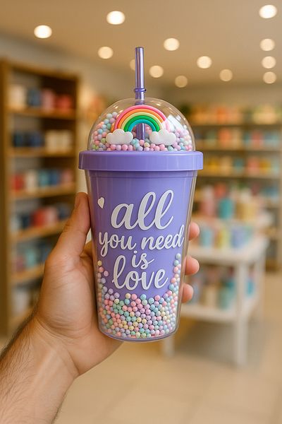 MİS KİTCHEN Glitter Sequin Glass Double Walled Glass with Straw Lid Water Bottle 450 ml Mica Glass