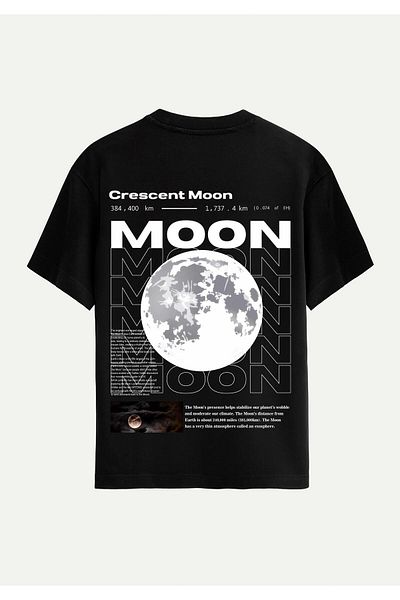 SOFTWAY Unisex Crew Neck 100% Organic Cotton Thick Textured Moon Printed Oversize T-Shirt - Black